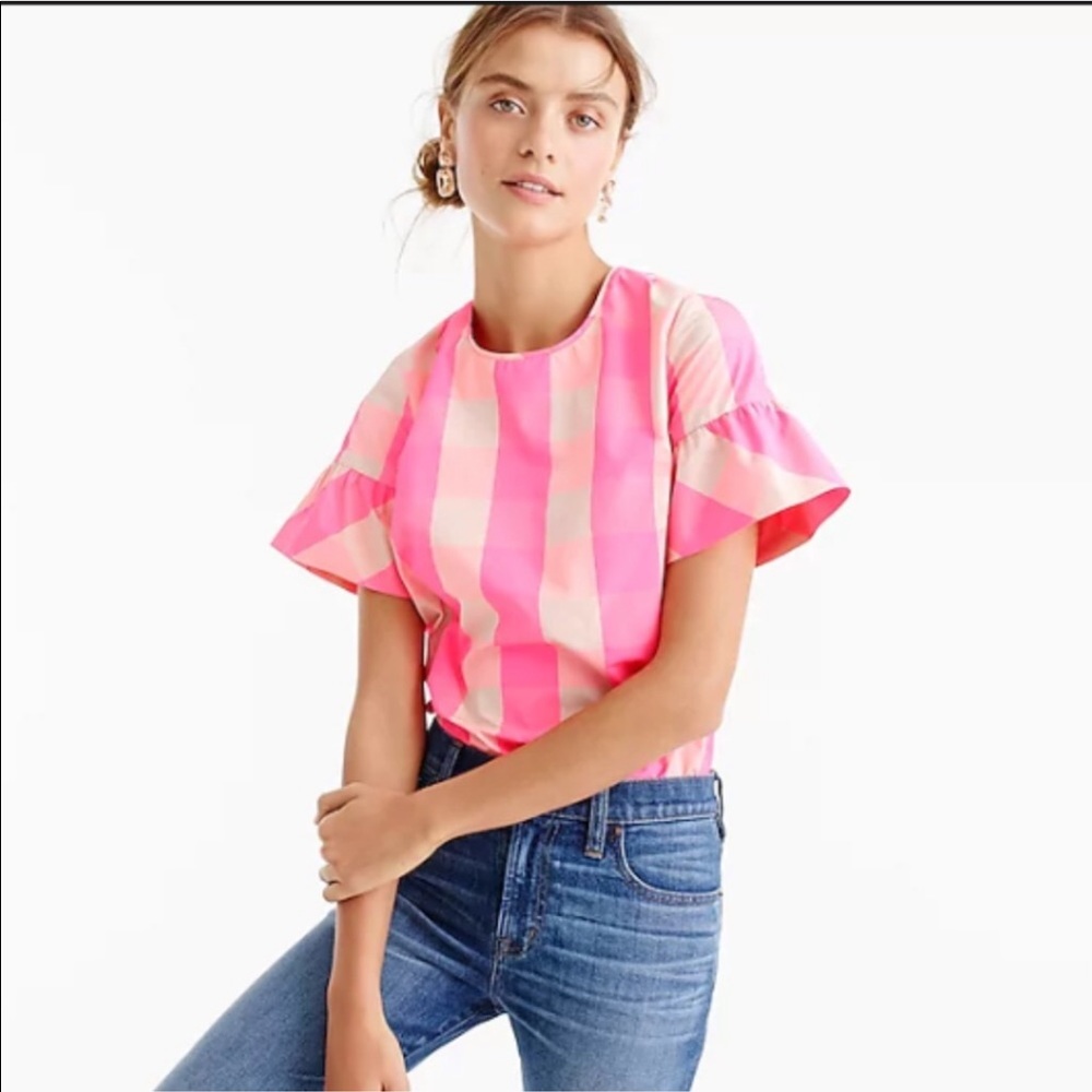 J. Crew Ruffle Sleeve Top in Neon Buffalo Check